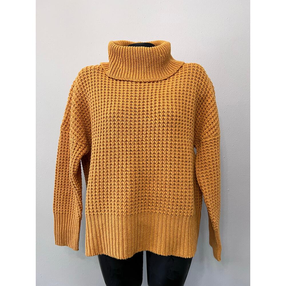 Mudpie Waffle Sweater Sz S Cowl Neck Wool Blend Mustard Oversize Fall Cozy NWT